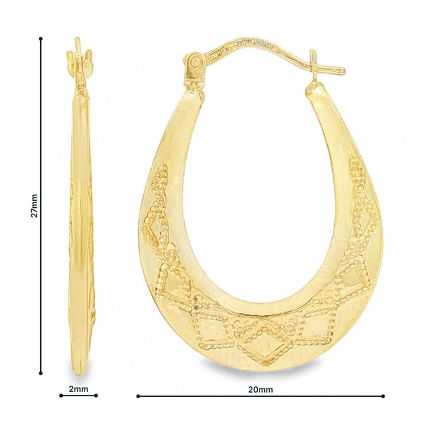 9ct Yellow Gold Engraved Oval Hoop Earrings - 2x27x20mm - 1.1g