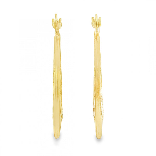 9ct Yellow Gold Engraved Oval Hoop Earrings - 2x27x20mm - 1.1g