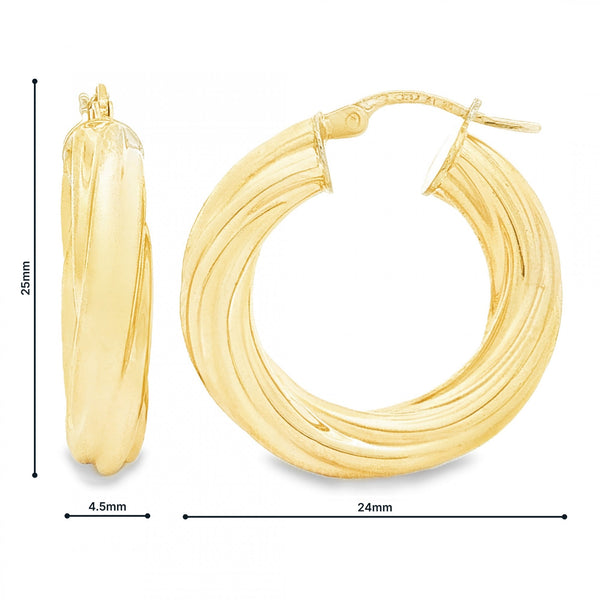 9ct Yellow Gold Swirl Hoop Earrings - 4.5x25x24mm - 2.7g
