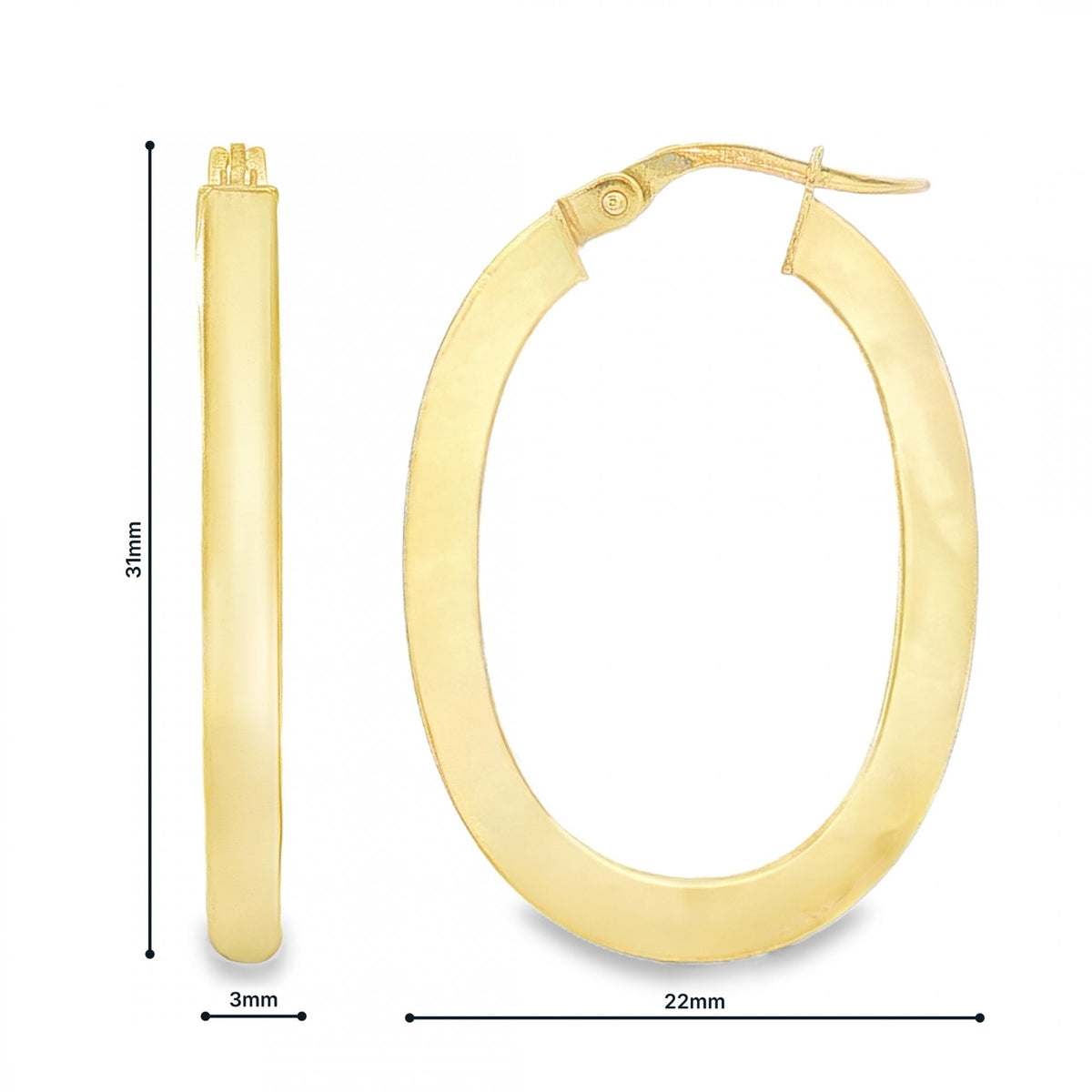 9ct Yellow Gold Oval Square Tube Hoop Earrings - 3x31x22mm -1.9g
