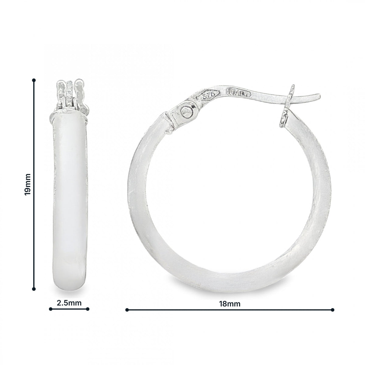 9ct White Gold Plain D-Shape Hoop Earrings - 2.5x19x18mm - 1.0g