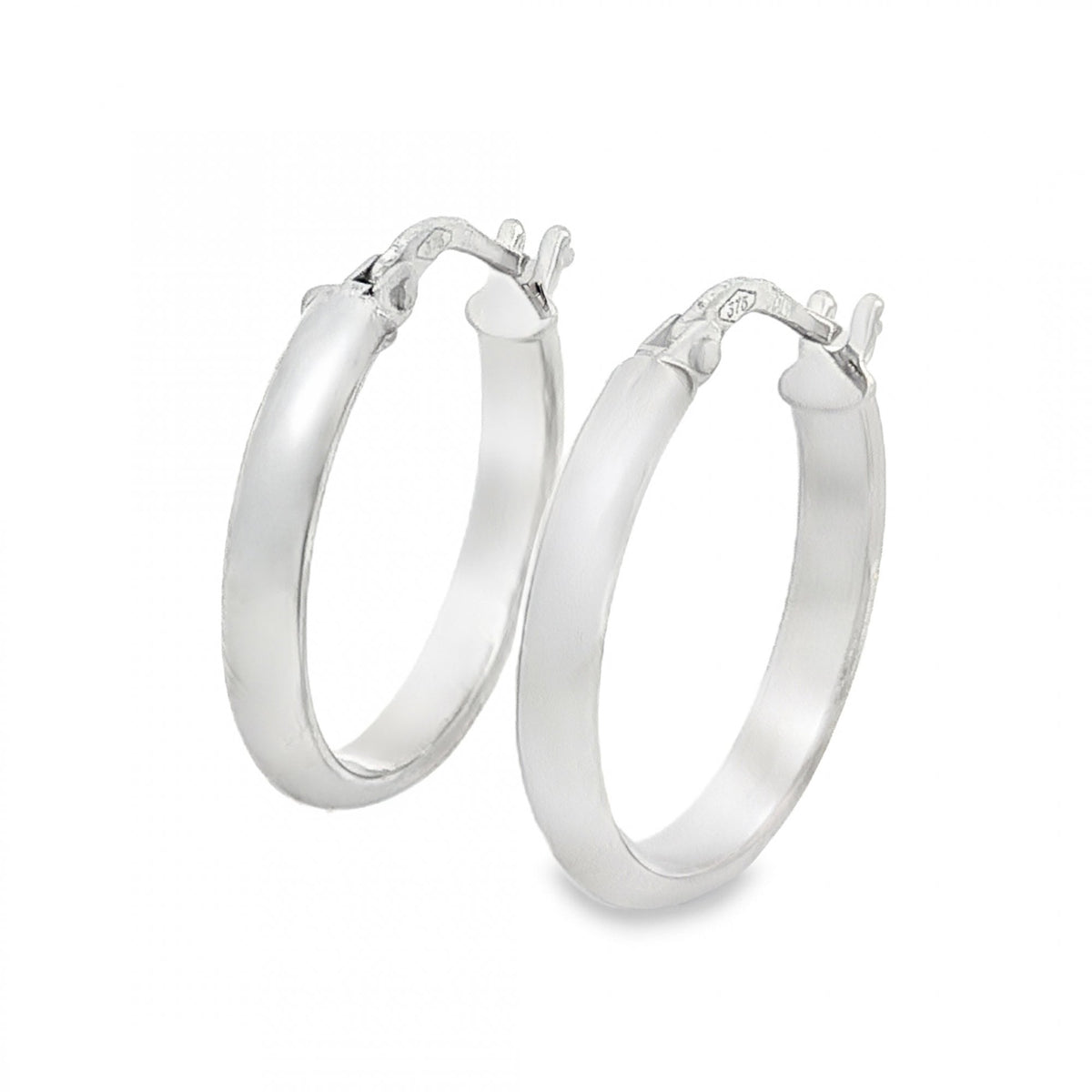 9ct White Gold Plain D-Shape Hoop Earrings - 2.5x19x18mm - 1.0g