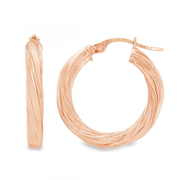 9ct Rose Gold Round Twist Tube Hoop Earrings - 3x21x21mm - 1.6g