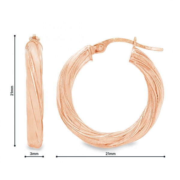 9ct Rose Gold Round Twist Tube Hoop Earrings - 3x21x21mm - 1.6g