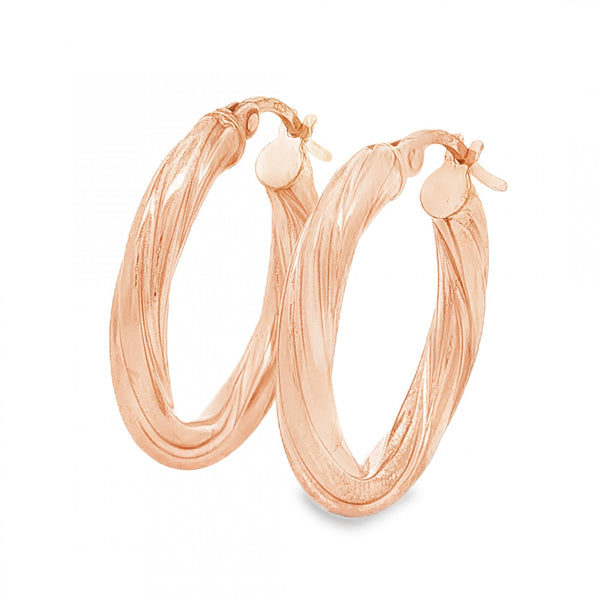 9ct Rose Gold Round Twist Tube Hoop Earrings - 3x21x21mm - 1.6g