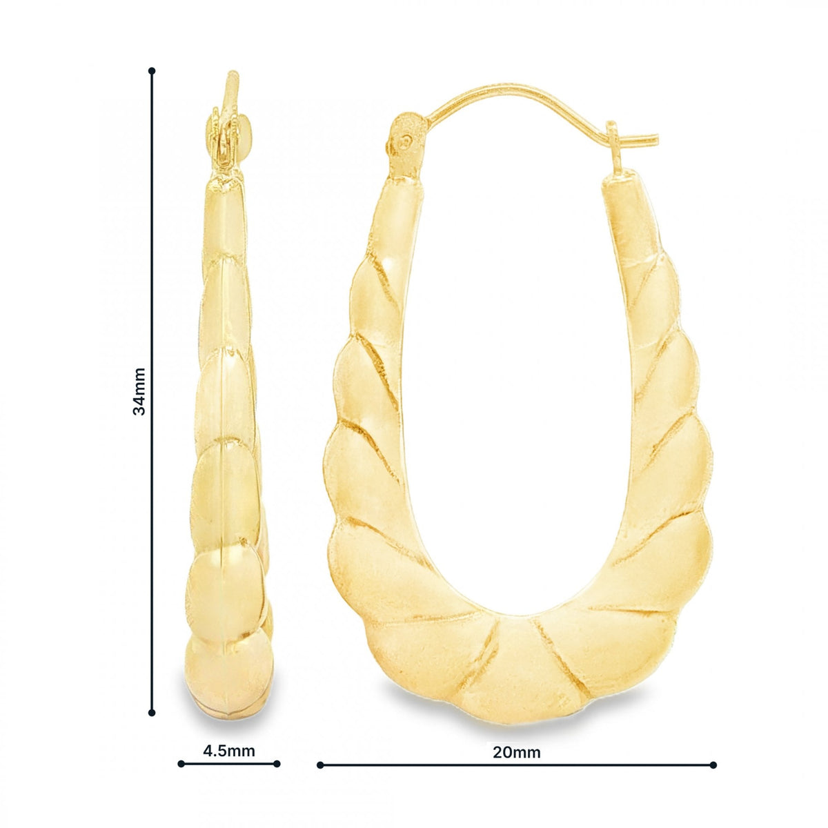 9ct Yellow Gold Oval Bubble Hoop Earrings - 4.5x34x20mm - 1.8g