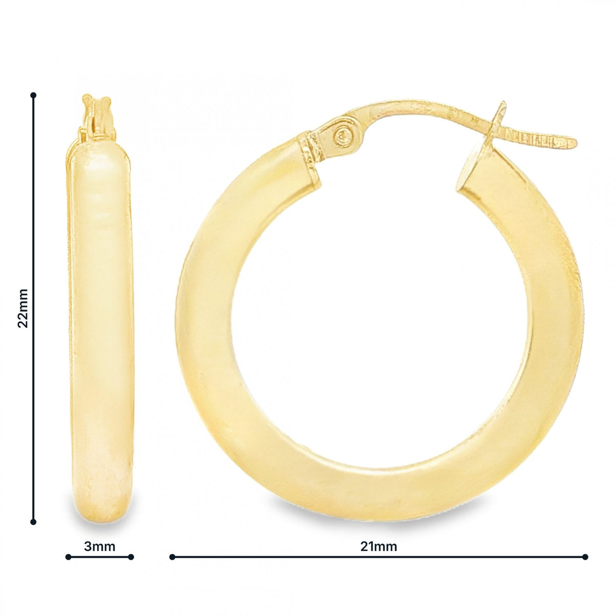 9ct Yellow Gold Round Plain Hoop Earrings - 3x22x21mm - 1.2g