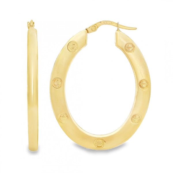 9ct Yellow Gold Patterned Oval Hoop Earrings - 3x36x28mm - 3.8g