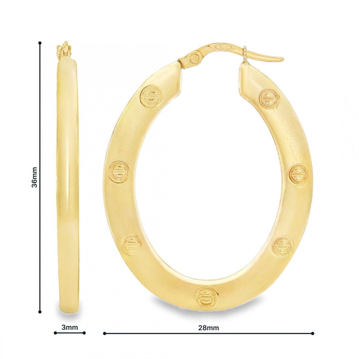 9ct Yellow Gold Patterned Oval Hoop Earrings - 3x36x28mm - 3.8g