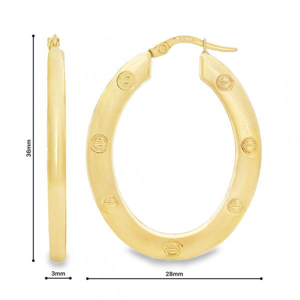 9ct Yellow Gold Patterned Oval Hoop Earrings - 3x36x28mm - 3.8g