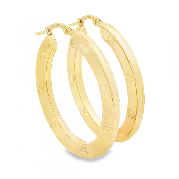 9ct Yellow Gold Patterned Oval Hoop Earrings - 3x36x28mm - 3.8g