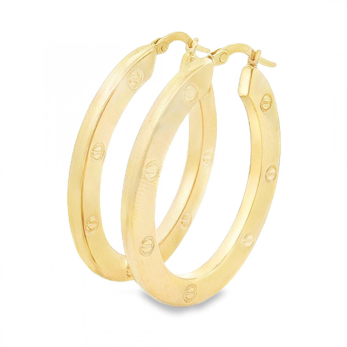 9ct Yellow Gold Patterned Oval Hoop Earrings - 3x36x28mm - 3.8g