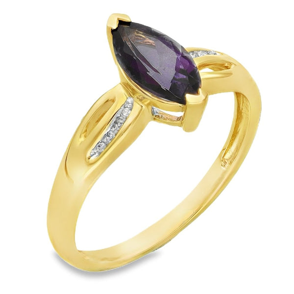 9ct Yellow Gold Amethyst & Diamond Solitaire Ring - Size P -2.4g