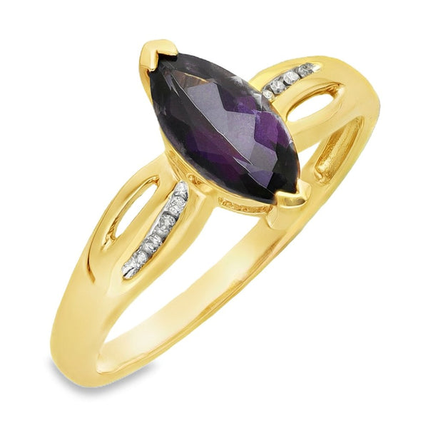 9ct Yellow Gold Amethyst & Diamond Solitaire Ring - Size P -2.4g