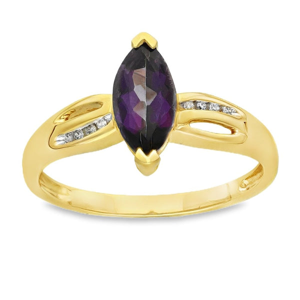 9ct Yellow Gold Amethyst & Diamond Solitaire Ring - Size P -2.4g