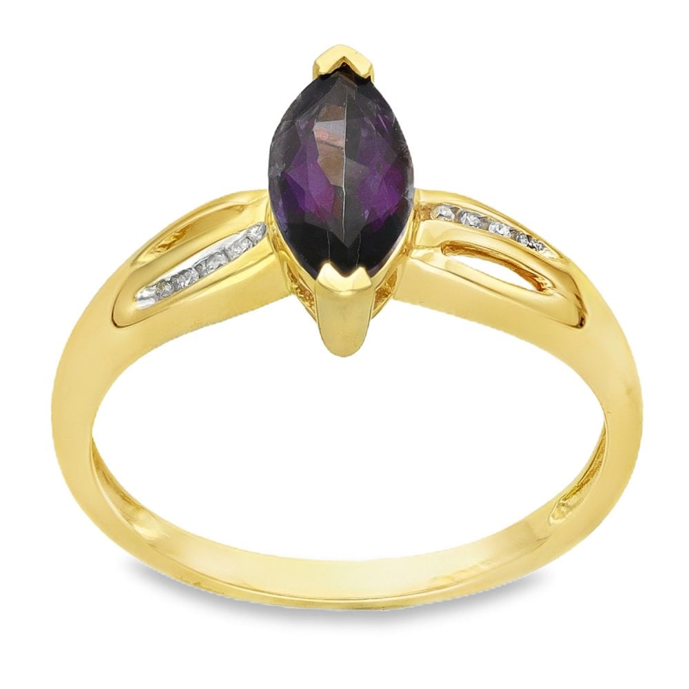 9ct Yellow Gold Amethyst & Diamond Solitaire Ring - Size P -2.4g