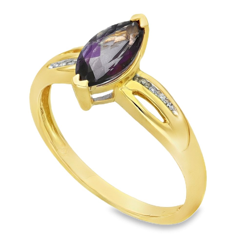 9ct Yellow Gold Amethyst & Diamond Solitaire Ring - Size P -2.4g