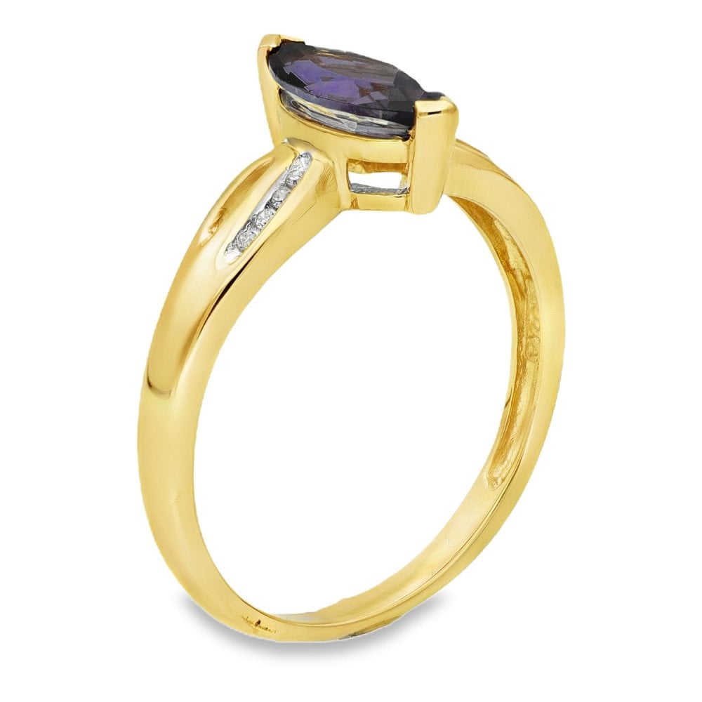 9ct Yellow Gold Amethyst & Diamond Solitaire Ring - Size P -2.4g