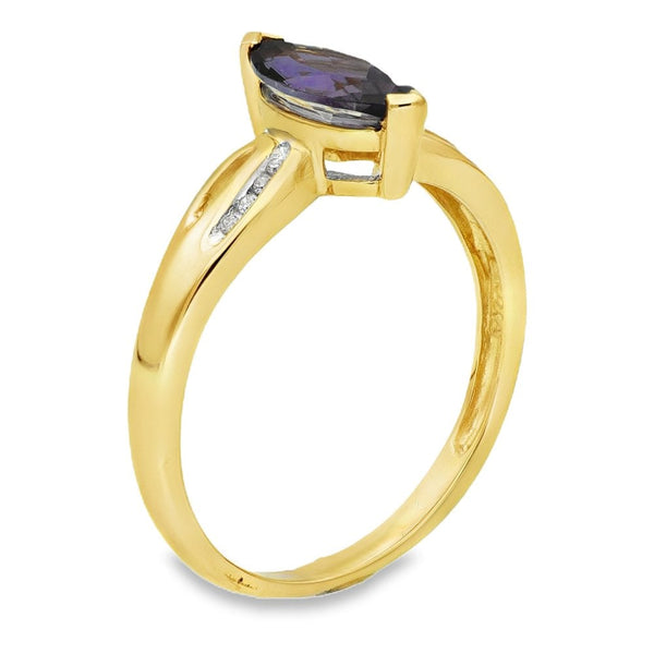 9ct Yellow Gold Amethyst & Diamond Solitaire Ring - Size P -2.4g