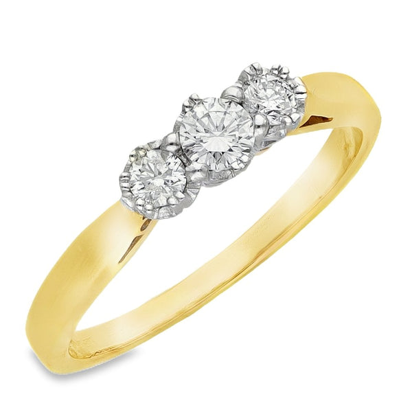 18ct Yellow Gold Diamond Trilogy Ring - Size L - 0.25ct