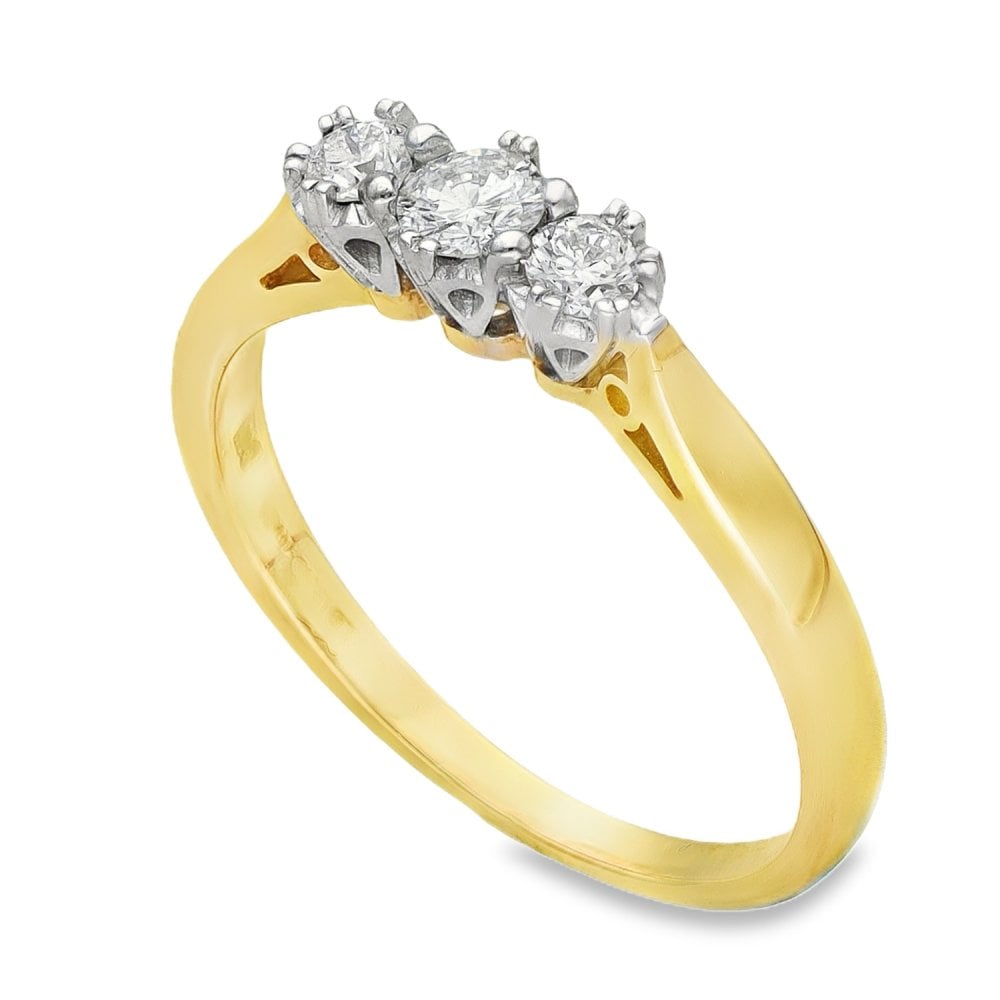 18ct Yellow Gold Diamond Trilogy Ring - Size L - 0.25ct