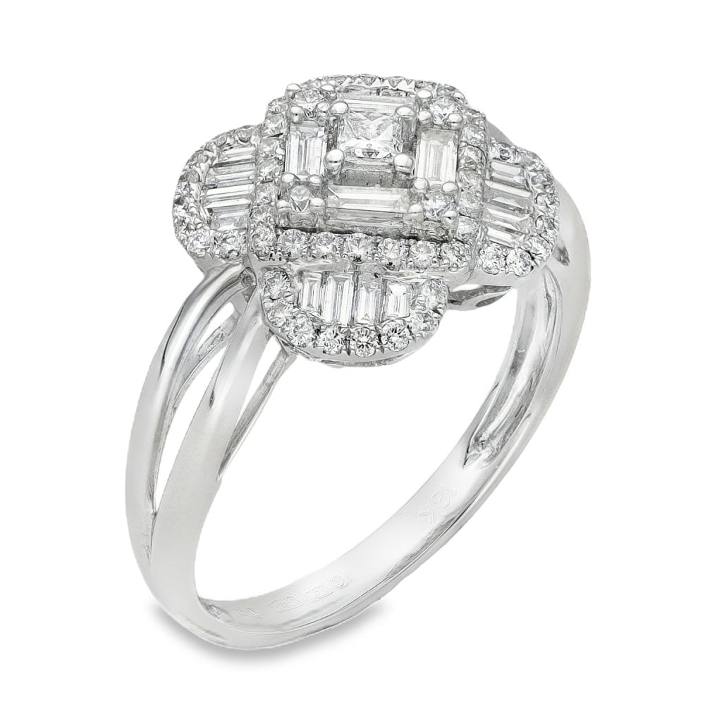 18ct White Gold Diamond Clover Cluster Ring - Size M - 0.77ct