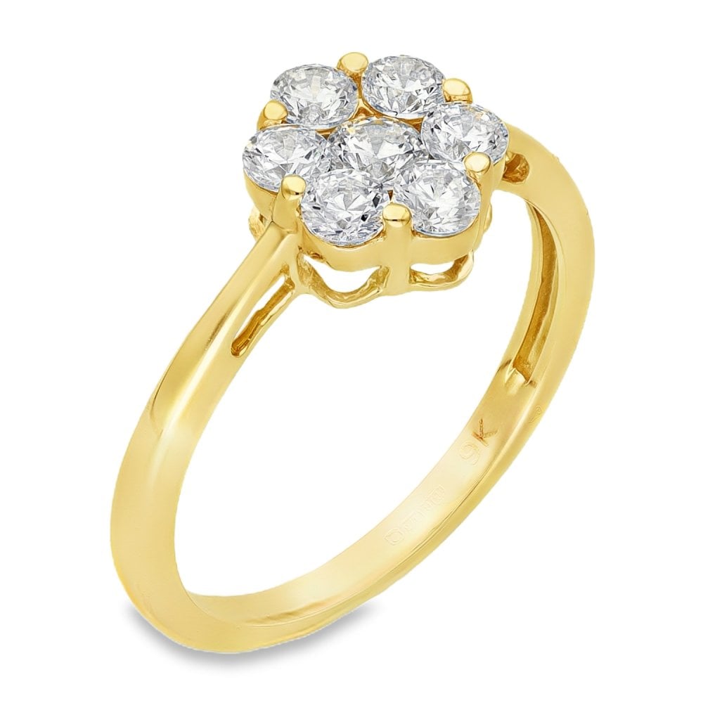 9ct Yellow Gold CZ Flower Cluster Ring - Size P - 2.8g