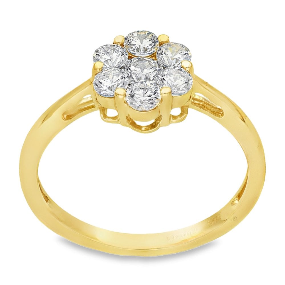 9ct Yellow Gold CZ Flower Cluster Ring - Size P - 2.8g