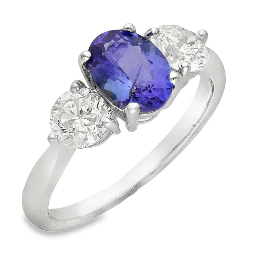 18ct White Gold Tanzanite & Diamond Trilogy Ring -Size N -0.96ct