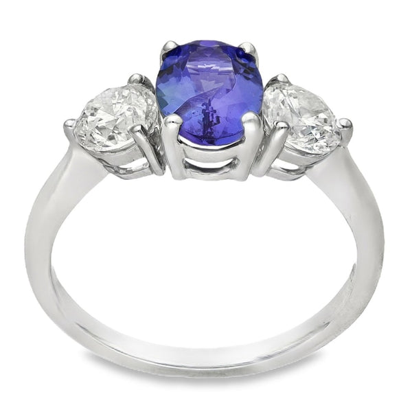 18ct White Gold Tanzanite & Diamond Trilogy Ring -Size N -0.96ct