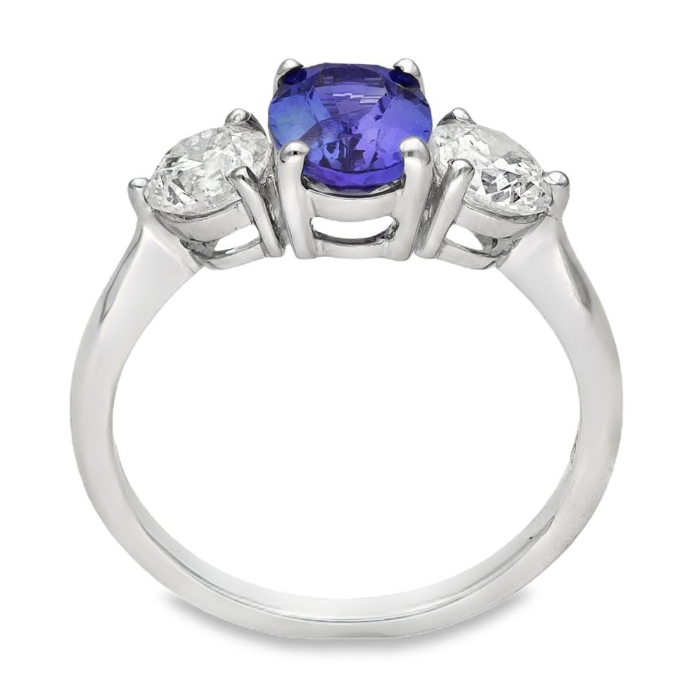 18ct White Gold Tanzanite & Diamond Trilogy Ring -Size N -0.96ct
