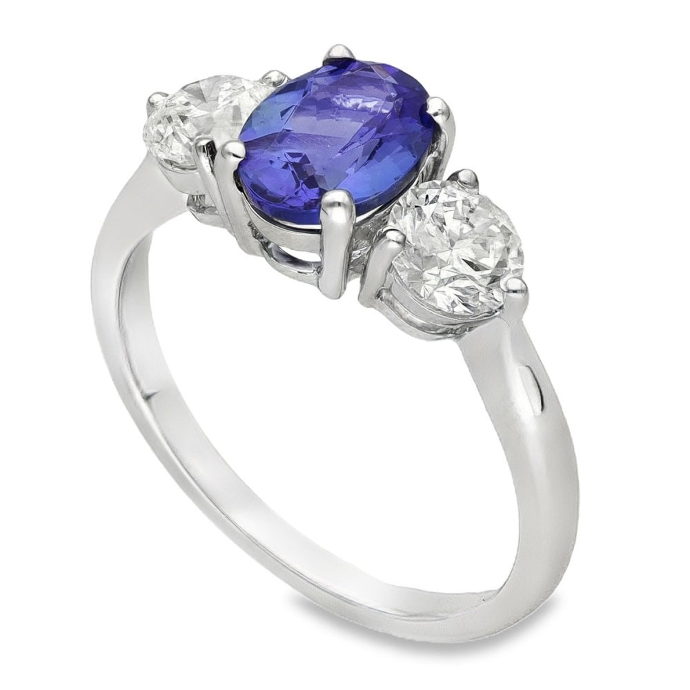 18ct White Gold Tanzanite & Diamond Trilogy Ring -Size N -0.96ct