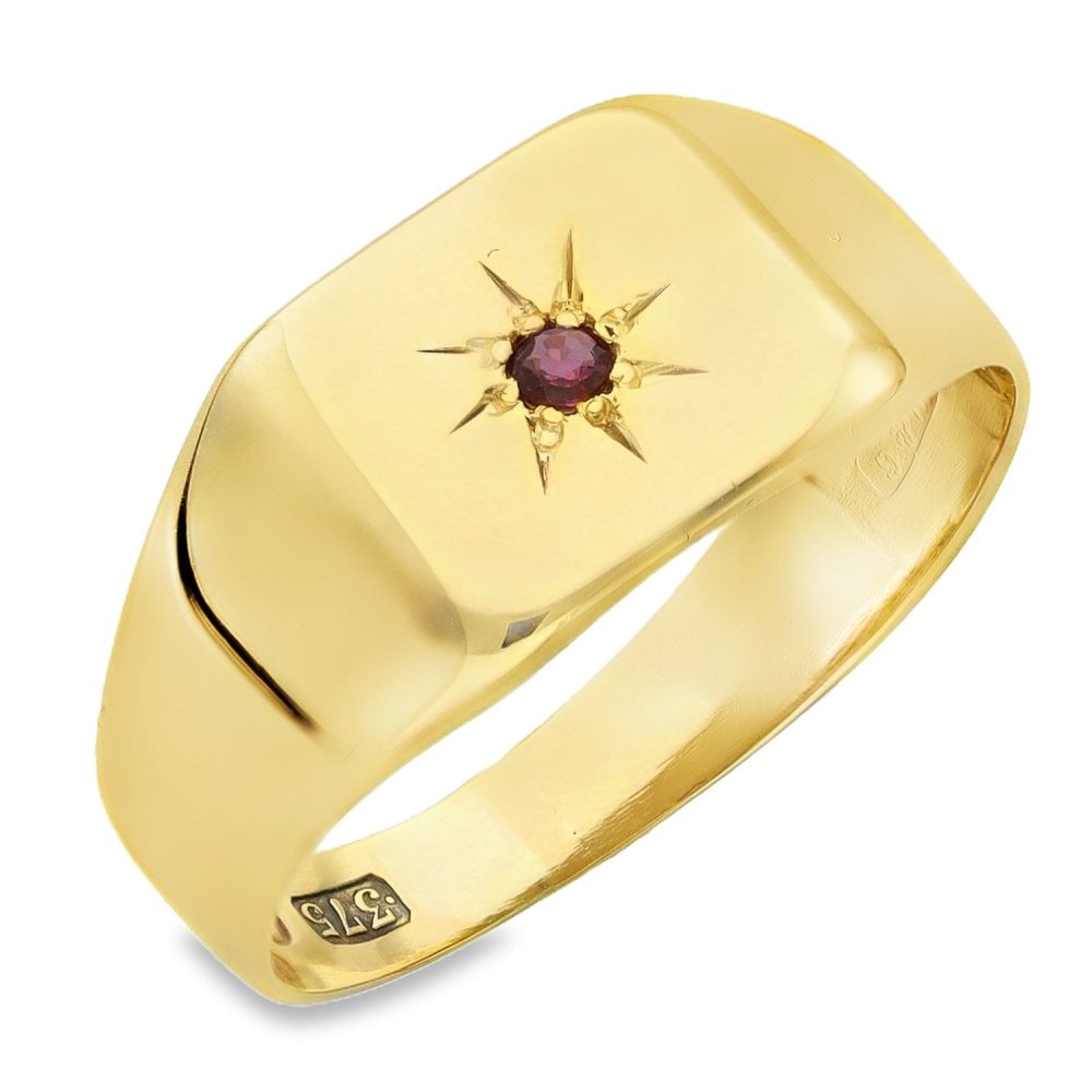 9ct Yellow Gold Ruby Signet Ring - Size Q - 9mm