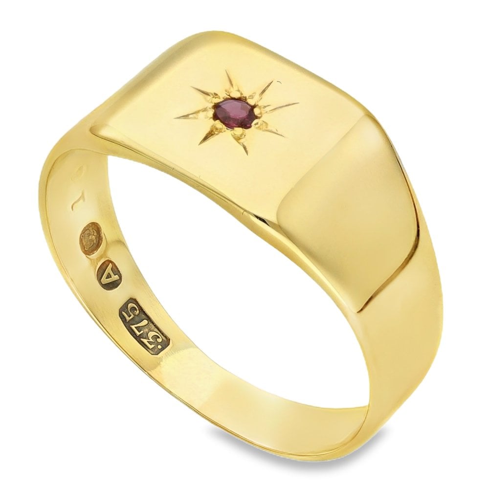 9ct Yellow Gold Ruby Signet Ring - Size Q - 9mm