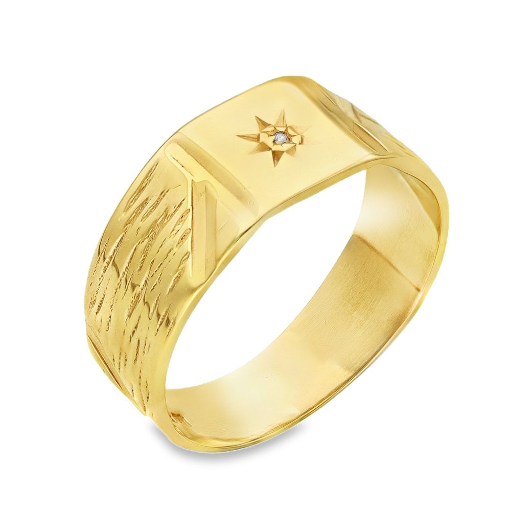 9ct Yellow Gold Diamond Bark Engraved Band - Size W - 9mm