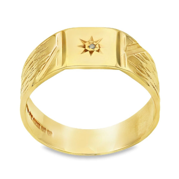 9ct Yellow Gold Diamond Bark Engraved Band - Size W - 9mm