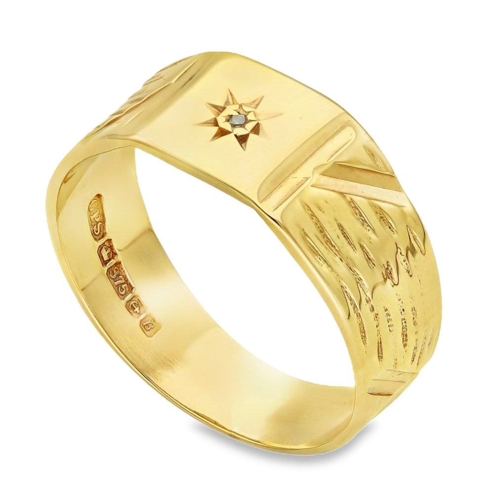 9ct Yellow Gold Diamond Bark Engraved Band - Size W - 9mm