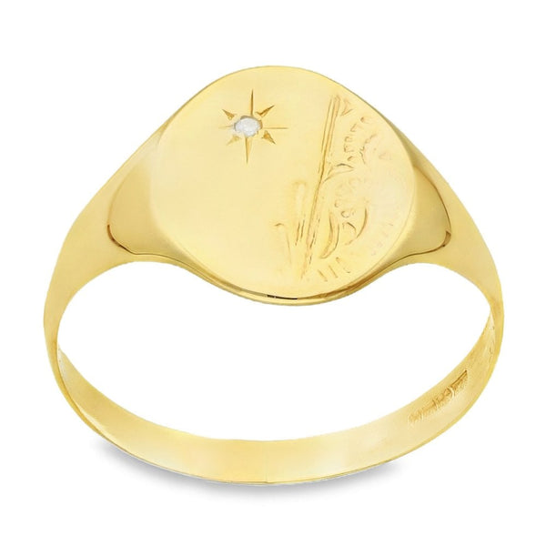 9ct Yellow Gold Diamond Signet Ring - Size Q - 13mm