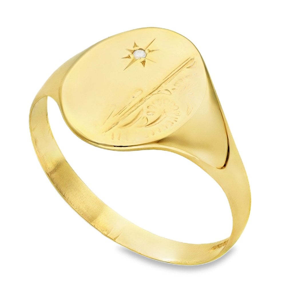 9ct Yellow Gold Diamond Signet Ring - Size Q - 13mm