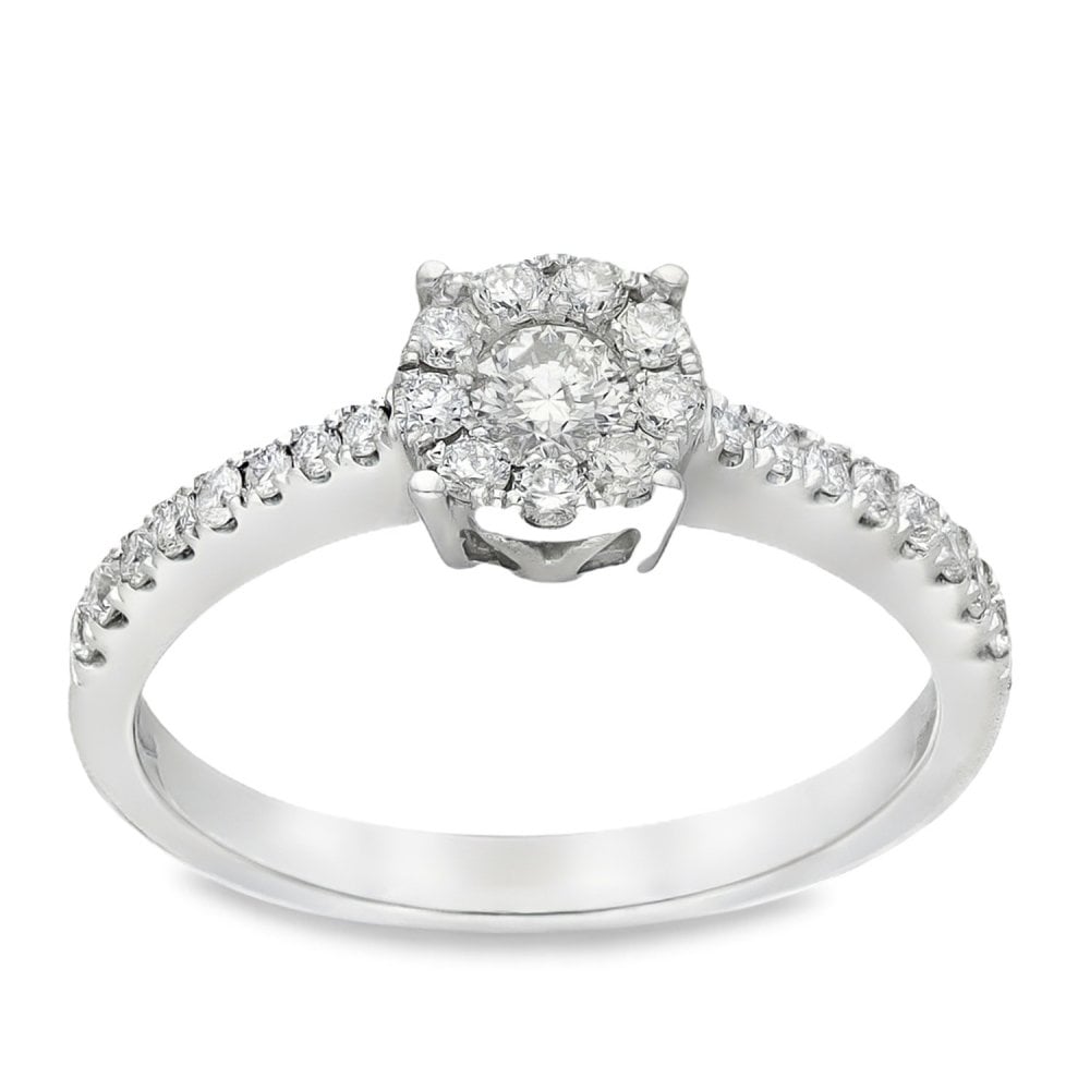 9ct White Gold Diamond Halo Cluster Ring - Size O½ - 0.46ct