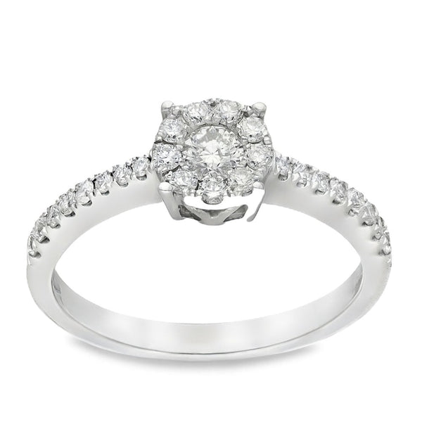 9ct White Gold Diamond Halo Cluster Ring - Size O½ - 0.46ct