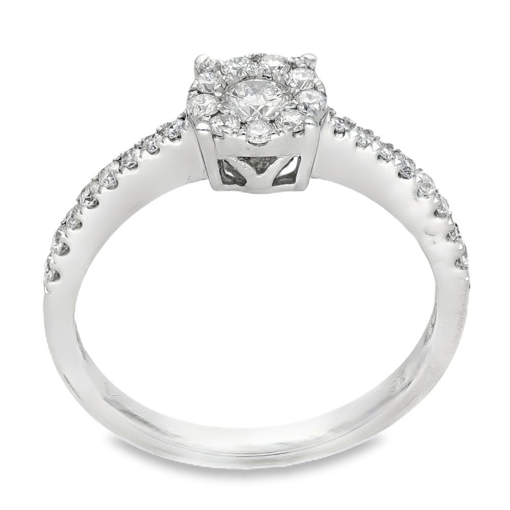 9ct White Gold Diamond Halo Cluster Ring - Size O½ - 0.46ct
