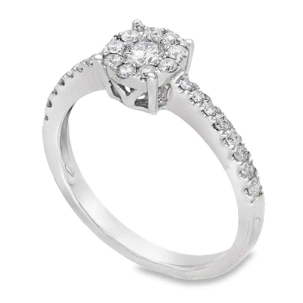 9ct White Gold Diamond Halo Cluster Ring - Size O½ - 0.46ct