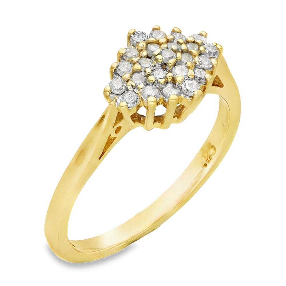 9ct Yellow Gold Diamond Cluster Ring - Size M - 0.25ct