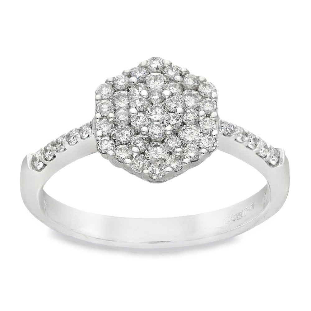 18ct White Gold Diamond Hexagon Cluster Ring - Size M - 0.51ct
