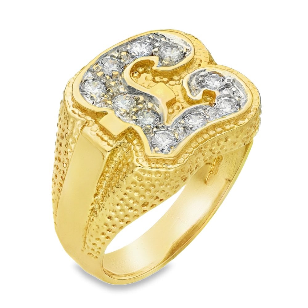 9ct Yellow & White Gold CZ Pound Signet Ring - Size U - 17mm
