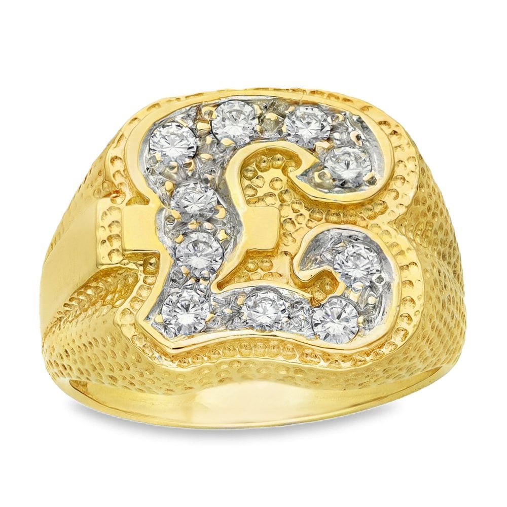 9ct Yellow & White Gold CZ Pound Signet Ring - Size U - 17mm