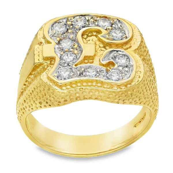9ct Yellow & White Gold CZ Pound Signet Ring - Size U - 17mm