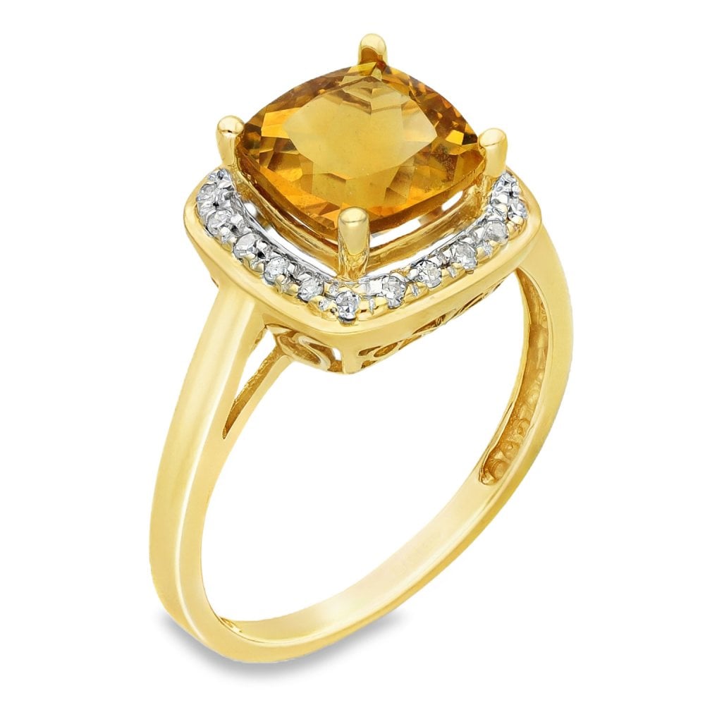 9ct Yellow Gold Citrine & Diamond Halo Ring - Size N - 2.00ct
