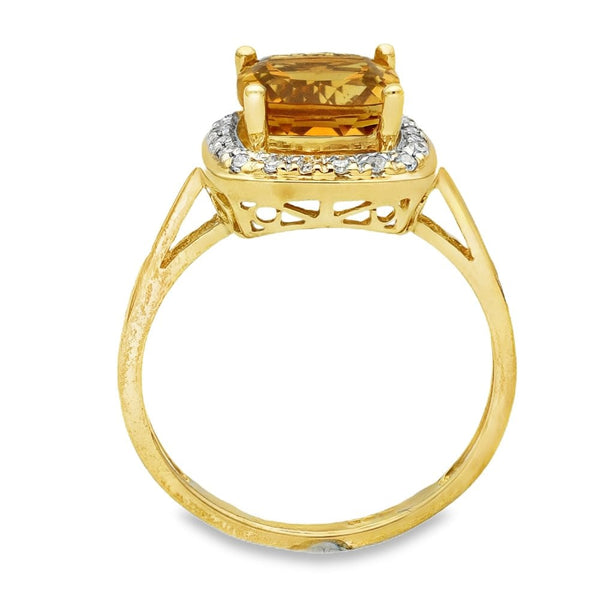 9ct Yellow Gold Citrine & Diamond Halo Ring - Size N - 2.00ct